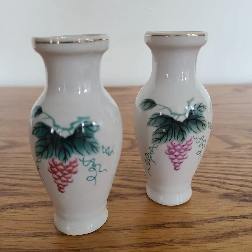 Mini Porcelain Ceramic Bud Vase Pair Grapevine and Leaf Design Vintage 1970s